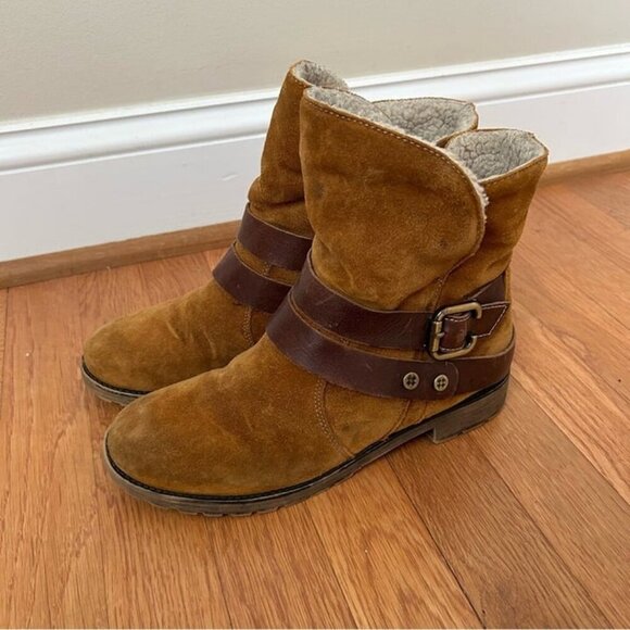 Naturalizer Talley Suede Leather Tan Brown Ankle Buckle Strap Boots Size 8 - Picture 1 of 8